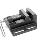 Heavy Duty Drill Press Vise With Beefy Etched Jaws in close-up, showcasing locking pivot handle and clamping power.