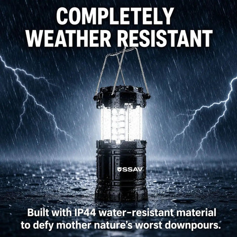 Bright LED Camping Lantern For Power Outages And Hurricane Prep in stormy weather, showcasing water resistance.