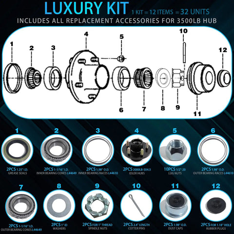 Diagram of Trailer Hub Kit 5 Bolt 4.5 Inch 2000 Lb Axle Preinstalled And Lubricated Includes L44649 Bearings And 1.25 Inch ID Grease Seals