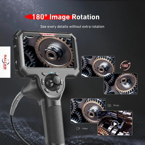 4 Way 360 Degree Articulating Borescope With Joystick Control For Mechanics Gearheads Automotive HVAC Wall Inspections, 5 Inch LCD Display, Flexible Probe For Tight Spaces, 180° image rotation