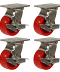 Four Inch Stainless Steel Casters With Solid Polyurethane Wheels Heavy Duty Rust Proof Industrial Locking Brakes set of four with red wheels.