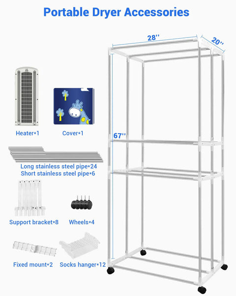 Go-To Ultimate Portable Clothes Dryer Rack 67 Inch Three Tier Foldable Dryer showing structure and accessories.