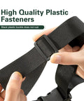 Tough As Nails 39 Inch Battery Hold Down Straps Heavy Duty Car Battery Tie Down Webbing With Quick Release Buckles Weather Resistant For Truck Suv Boat Rv Black close-up of hand holding black strap with plastic buckle.