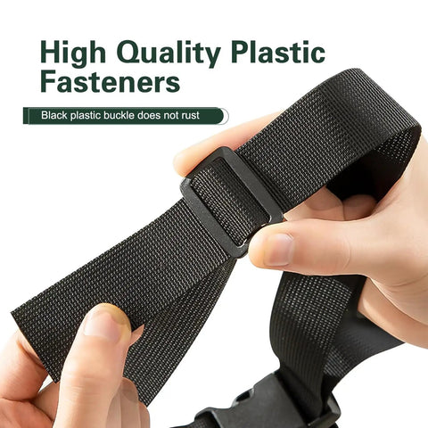 Tough As Nails 39 Inch Battery Hold Down Straps Heavy Duty Car Battery Tie Down Webbing With Quick Release Buckles Weather Resistant For Truck Suv Boat Rv Black close-up of hand holding black strap with plastic buckle.