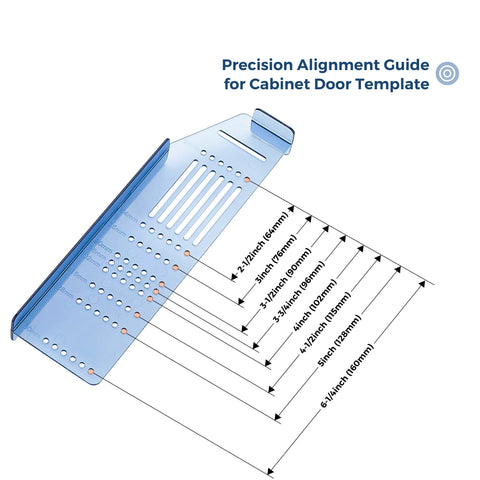 Cabinet Hardware Drill Template Kit For Knobs And Pulls, Precision Jig with multi hole centers, shown with size guide for cabinets.