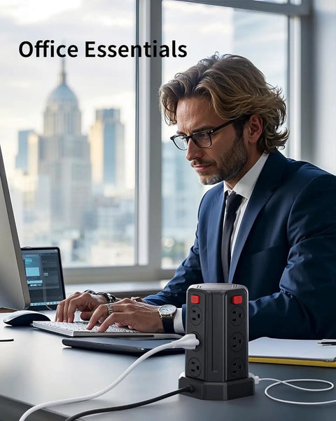 All In One Desktop Charging Station With Twelve Outlet Tower Six And A Half Foot Extension Cord Four USB Ports One USB C And Three USB A For Home Office Dorm Setup Boss Level Power Hub For Any Desk Space, vertical tower on desk