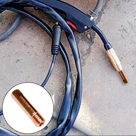 Premium 30 Pack Mig Welding Gun Copper Contact Tips In Three Sizes For Miller And Hobart M Series Guns Heat Resistant and Built to Last attached to welding cable.