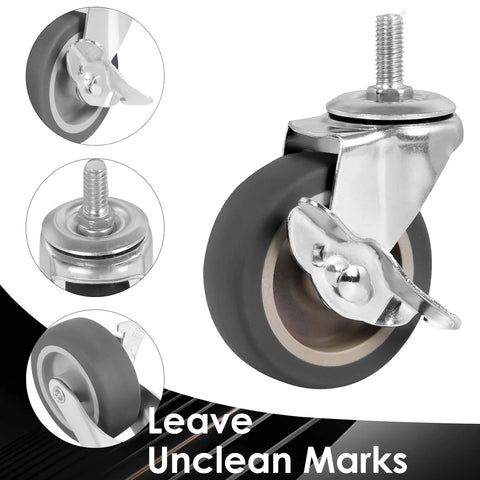 BAISASY 3-inch caster wheels with brakes; set of four with threaded M8x1.25 stems for furniture or wire shelving