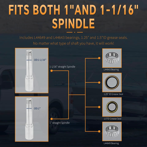 Two 4-lug trailer hub kits for 1 in or 1-1/16 in spindles, 2000 lb capacity; includes L44643/L44649 bearings and seals.