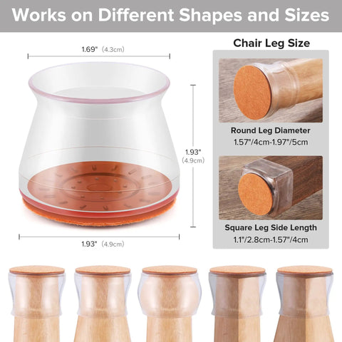 Diagram showing 24 Pack Upgraded Silicone Chair Leg Protectors for Hardwood Floors with dimensions and fit on round and square legs.