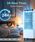 No Hose Portable Swamp Cooler Indoor Standing Air Conditioner With 120 Degree Wide Auto Oscillation And A Massive 10.6 Gallon Tank near a bed with a timer.
