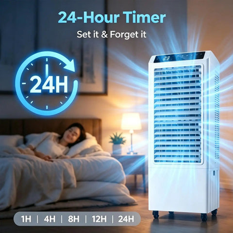 No Hose Portable Swamp Cooler Indoor Standing Air Conditioner With 120 Degree Wide Auto Oscillation And A Massive 10.6 Gallon Tank near a bed with a timer.