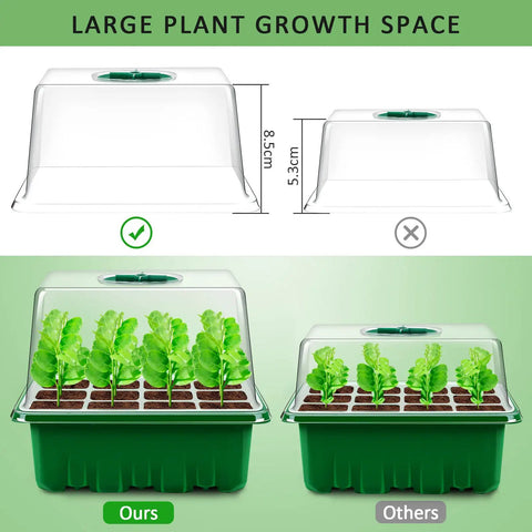 All In One Seed Starter Tray Kit 10 Pack With 120 Cells shown with heightened lids, allowing more plant growth compared to others