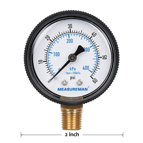 Beefy 2 Inch Pool Pressure Gauge With 1 Quarter NPT Lower Mount, 0 To 60 Psi And 0 To 400 KPa, Plastic Case With Brass Wetted Parts