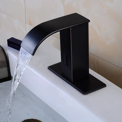 Motion Activated Touchless Waterfall Bathroom Faucet With Square Body Hands Free Tap Matte Black Finish Easy Install Hygienic Sensor Sink Mixer For Modern Bathrooms, water flowing in white sink
