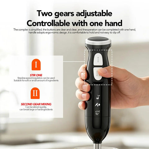 Straight Up Solid Immersion Hand Blender With Five Speed Settings And Stainless Steel Mixing Wand for one-handed operation.