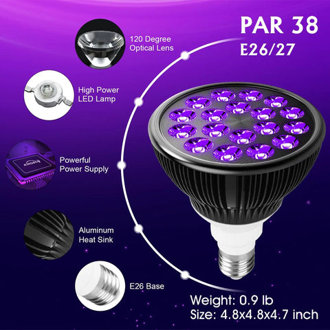 2 Pack 36W LED Black Light Bulbs E26 PAR38 Glow In The Dark UV 395nm with aluminum heat sink and 120° beam angle