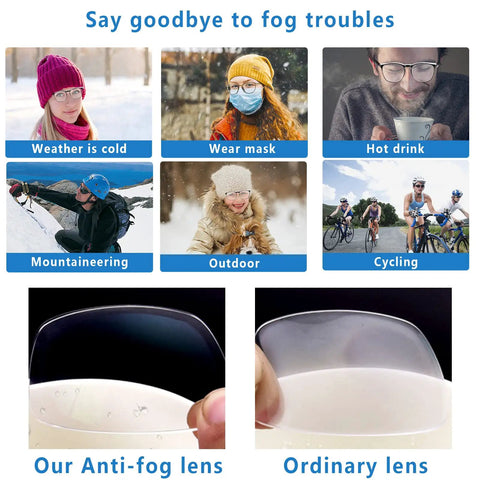 Comparison of anti-fog lenses and ordinary lenses in different scenarios like cold weather, mask-wearing, and cycling.