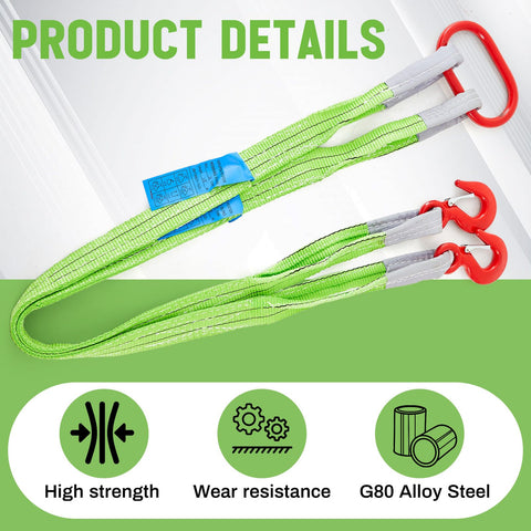 Two Pack 5 Ft Heavy Duty Polyester Lifting Rigging Straps With Two Leg Bridle Web Sling Hook And Twist Eye Lift Straps, green