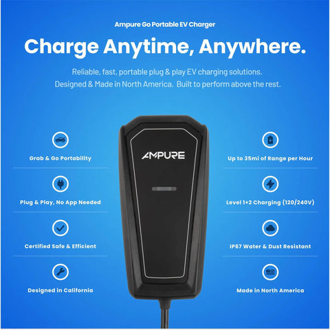 Front view of black Ampure Go Portable EV Charger on blue background with features text