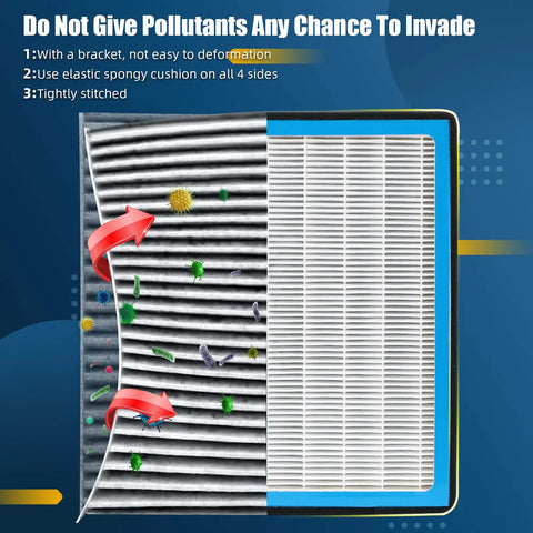 Cabin Air Filter Replacement CF10930 illustration showing filtration layers trapping dust and pollen for Subaru models.