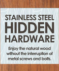 Sign highlighting stainless steel hidden hardware on Patented 18 Inch Asia Lotus Teak Shower Bench With Stainless Steel Hardware And Adjustable Rubber Feet For Non Slip Stability Naturally Water Resistant Indoor Or Outdoor Seat Built To Last.