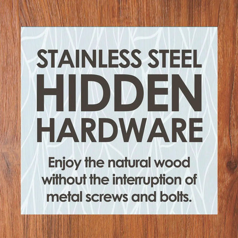 Sign highlighting stainless steel hidden hardware on Patented 18 Inch Asia Lotus Teak Shower Bench With Stainless Steel Hardware And Adjustable Rubber Feet For Non Slip Stability Naturally Water Resistant Indoor Or Outdoor Seat Built To Last.