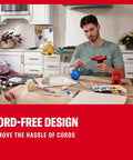 Man using V20 Mini Cordless Hot Glue Gun With LED Light And Sticks Set on small craft project in kitchen.