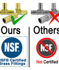 Half Inch Brass PEX Fittings Kit With 10 Elbows 10 Tees And 10 Couplers Straights For Domestic Water And Radiant Heating DIY Friendly Go To Potable PEX Plumbing Supply DZR No Lead Brass Crimp Cinch System showing certified vs non-certified fittings.