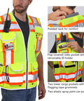 Hi Vis Two Tone Engineer Safety Vest With 3M Scotchlite Reflective Tape Padded Collar Retractable ID Pocket Heavy Duty Zipper Dual Mic Tabs Reflective Trim Rugged Oxford Front Yellow XL