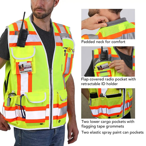 Hi Vis Two Tone Engineer Safety Vest With 3M Scotchlite Reflective Tape Padded Collar Retractable ID Pocket Heavy Duty Zipper Dual Mic Tabs Reflective Trim Rugged Oxford Front Yellow XL