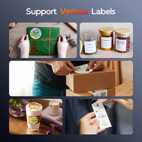 Various labels on gifts, jars, packages, and drinks using No Fuss Compact Wireless Thermal Label Printer For Quick Shipping And Packing 4X6 Sticker Generator With Bluetooth Pairing Plug And Play Mobile Printing Chill Setup For Amazon And Shopify Sellers Using Portable Packing Solutions.