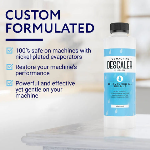 Ice Maker Cleaner And Descaler 8 Oz Liquid Nickel Safe No Fuss Deep Clean Removes Scale And Mineral Buildup Compatible With Scotsman Manitowoc And More Keeps Ice Fresh And Clear, bottle on white background