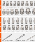 35 Piece Bolt Extractor Set With 1/4 And 3/8 Inch Drives For Damaged Rusted Stripped And Rounded Off Bolts And Nuts Easy Grip Nut Remover Socket Kit For Real World Tough Jobs Includes Adapters And Hex Heads displayed with various socket sizes and accessories
