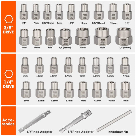 35 Piece Bolt Extractor Set With 1/4 And 3/8 Inch Drives For Damaged Rusted Stripped And Rounded Off Bolts And Nuts Easy Grip Nut Remover Socket Kit For Real World Tough Jobs Includes Adapters And Hex Heads displayed with various socket sizes and accessories