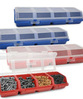 Four Piece Screw And Nail Organizer Set With Lids, Stackable Plastic Divided Storage Bins for Garage Or Workshop Tool Drawers, open compartments