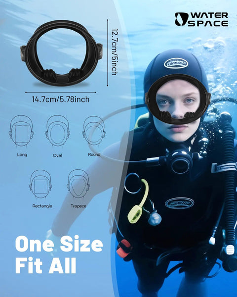 Diver facing camera wearing Dope Anti Fog 180 Degree View Diving Mask for Adults Teens Women Men With Tempered Glass Lens.