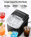 EUHOMY black countertop ice maker, front view, with transparent lid and ice cubes