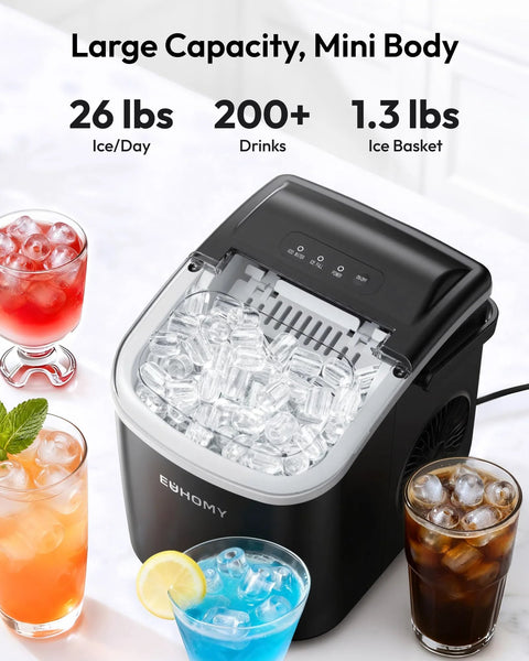 EUHOMY black countertop ice maker, front view, with transparent lid and ice cubes