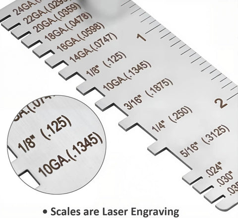 Metal Thickness Gauge For Sheets And Wires, Welding Gauge Plated Size Inspection Tool with laser-engraved scales, close-up.