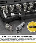 Heavy Duty 24 Piece Bolt Extractor Kit With One Half Inch And Three Eighth Inch Drive in case