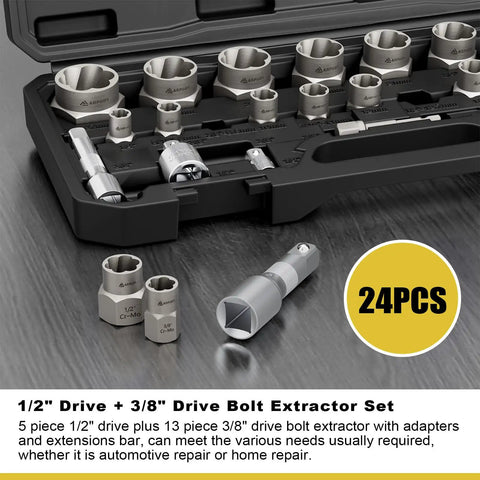 Heavy Duty 24 Piece Bolt Extractor Kit With One Half Inch And Three Eighth Inch Drive in case