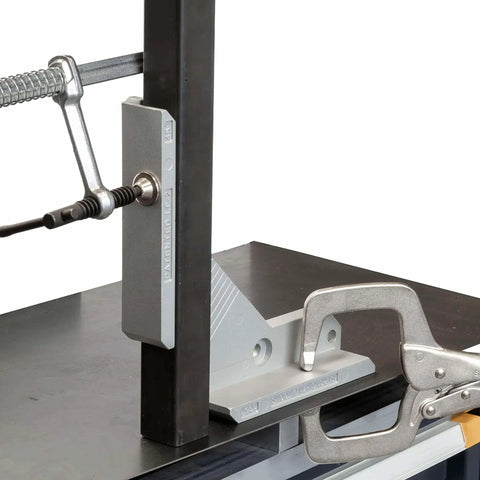 Front view of Right Angle Aluminum Weld Fixture 90 Degree Tru Angle Spatter Proof Alloy with vise clamping a metal bar