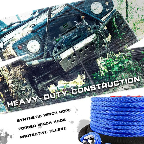 Off-road vehicle with Beefy Synthetic Winch Rope 3/8 Inch By 100 Feet With Protective Sleeve And Heavy Duty Hook for rugged use