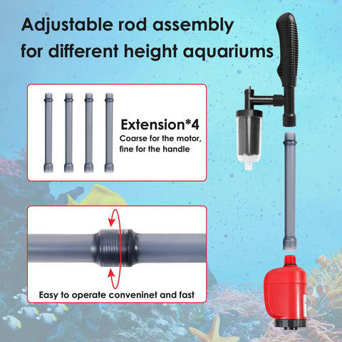 36W Electric Gravel Cleaner For Aquariums The Real Deal Automatic Fish Tank Vacuum with telescopic pole components displayed