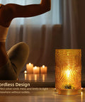 Cordless Battery Operated LED Glass Lamp With Timer Yellow Table Centerpiece creating cozy ambient glow near yoga mat.
