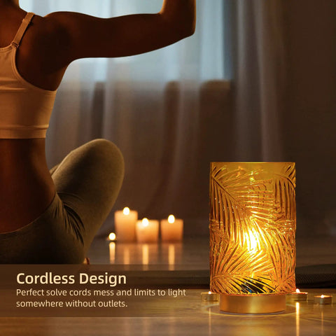 Cordless Battery Operated LED Glass Lamp With Timer Yellow Table Centerpiece creating cozy ambient glow near yoga mat.