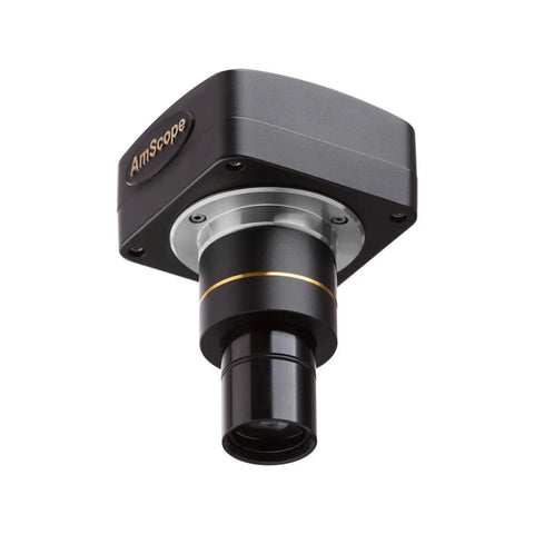 Pro Grade 10MP Microscope Camera For Live View And Still Images, Streams Crisp Real-Time Video To PC Or Mac, Includes 23mm 30mm 30.5mm And C Mount Adapters, Compatible With Windows Mac OS X And Linux. Black metal microscope camera with C-mount adapter.