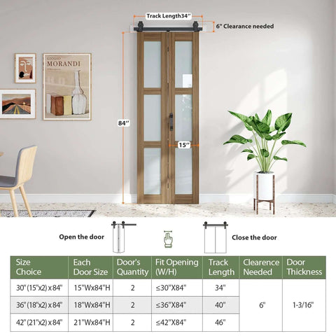 Double 15x84 Frosted Glass Barn Door Set In Brown Finish installed in modern room with table and plant