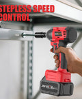 Heavy Duty Cordless Impact Wrench One Half Inch Brushless Motor Handles Rusted Bolts No Sweat Generates 320 Ft Lbs Torque With Dual 4 Ah Batteries And Quick Charger For Auto And Diy Upgrades, being used on a metal shelf screw.